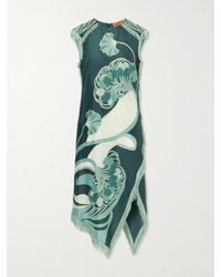 La DoubleJ - Fringed Printed Silk-Satin Midi Dress - Lyst
