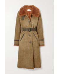 Chloé Belted Shearling-trimmed Suede Coat - Green