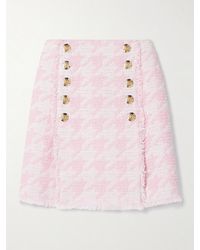 Balmain - Button-Embellished Pleated Checked Cotton-Blend Tweed Mini Skirt - Lyst