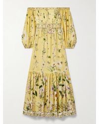 CAMILLA - Schulterfreies Maxikleid Aus Einer Leinen-Seidenmischung Mit Blumenprint, Raffungen Und Gürtel - Lyst
