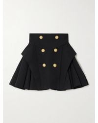 Balmain - Button-Embellished Pleated Grain De Poudre Wool Mini Skirt - Lyst