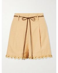 Zimmermann - Mahon Flower Pleated Leather And Raffia-Trimmed Cotton Shorts - Lyst