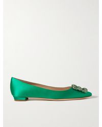 Manolo Blahnik - Hangisi Crystal-Embellished Satin Point-Toe Flats - Lyst