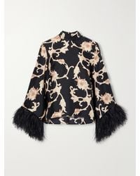 La DoubleJ - Make An Exit Feather-Trimmed Printed Silk-Twill Blouse - Lyst