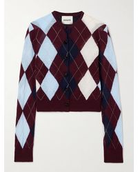 KHAITE - Charli Calf Hair-Trimmed Argyle Cashmere And Mohair-Blend Cardigan - Lyst