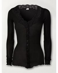 Saint Laurent - Lace-Trimmed Ribbed Silk-Jersey Cardigan - Lyst