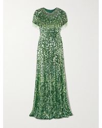 Jenny Packham - Eugenie Fringed Cape-Effect Embellished Satin Gown - Lyst