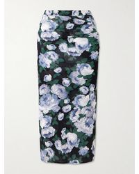 Stella McCartney - Ruched Floral-Print Stretch-Mesh Midi Skirt - Lyst