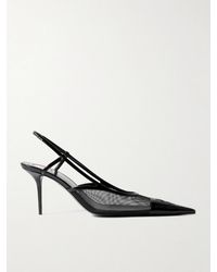Saint Laurent - Renée Cassandre-Embroidered Patent Leather-Trimmed Mesh Slingback Pumps - Lyst