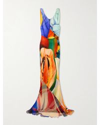Donde Esteban - Rückenfreies Maxikleid Aus Bedrucktem Satin Aus Einer Seidenmischung Mit Chiffoneinsatz - Lyst