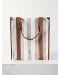 Brunello Cucinelli - Leather-Trimmed Striped Canvas Tote Bag - Lyst