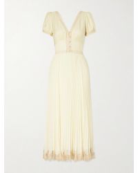 Self-Portrait - Lace-Trimmed Pleated Crepe Midi Dress - Lyst