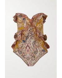 Zimmermann Freja Bandeau-badeanzug Mit Paisley-print Und Rüschen - Braun