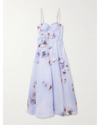 Zimmermann - Robe Midi En Lin Et Soie Mélangés À Imprimé Fleuri, Appliqués Et Ceinture Hypnotic Picnic - Lyst