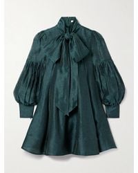 Zimmermann - Pavillion Tie-Neck Pleated Linen And Silk-Blend Organza Mini Dress - Lyst