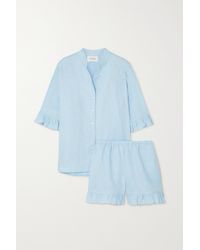 Sleeper Ruffled Linen Shirt And Shorts Set - Blue