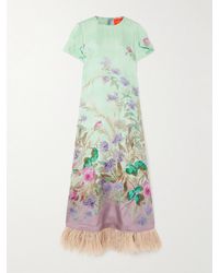La DoubleJ - Feather-Trimmed Floral-Print Silk-Twill Maxi Dress - Lyst