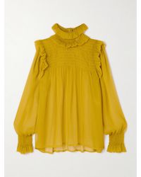 Saint Laurent - Blouse En Crépon De Soie À Volants Et À Smocks - Lyst