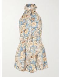 Zimmermann - Daylight Neckholder-Playsuit Aus Bedrucktem Leinen Mit Gürtel - Lyst