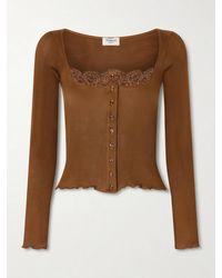 Saint Laurent - Lace-Trimmed Ribbed Silk-Jersey Cardigan - Lyst