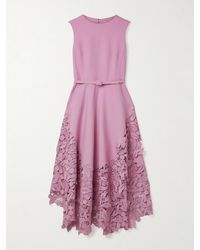 Oscar de la Renta - Belted Guipure Lace-Trimmed Wool-Blend Crepe Midi Dress - Lyst