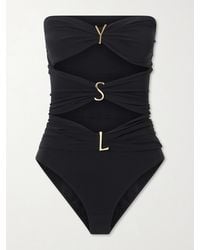 Saint Laurent - Strapless Cut-Out Gathered Embellished Swimsuit - Lyst