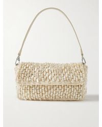STAUD - Timmy Leather-Trimmed Faux Pearl-Embellished Raffia Shoulder Bag - Lyst
