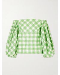 Rosie Assoulin - Empire Balloon Off-The-Shoulder Checked Cotton Blouse - Lyst