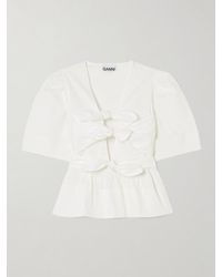 Ganni - Bluse Aus Popeline Aus Einer Baumwollmischung Mit Bindegürtel, Schleifen Und Raffungen - Lyst