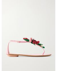 Aquazzura - Botanica Embellished Leather And Raffia Thong Sandals - Lyst