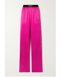 Tom Ford Velvet-trimmed Silk And Lyocell-blend Satin Wide-leg Trousers - Pink