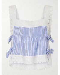 Loretta Caponi - Fiocchini Pleated Striped Broderie Anglaise-Trimmed Linen Top - Lyst