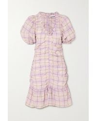 Ganni Ruched Checked Organic Cotton-blend Seersucker Mini Dress - Purple