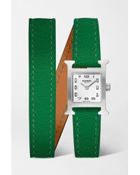 Hermès Heure H Double Tour 21mm Mini Stainless Steel And Leather Watch - Green