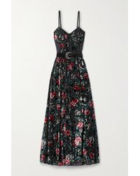 PATBO Robe Aus Devoré-samt Mit Blumenprint, Spitzeneinsätzen Und Gürtel - Schwarz
