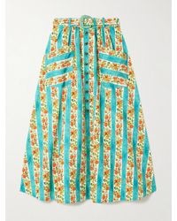 Saloni - Kirat Belted Striped Floral-Print Cotton-Poplin Midi Skirt - Lyst