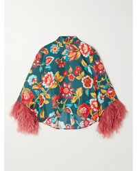 La DoubleJ - Make An Exit Feather-Trimmed Floral-Print Silk-Twill Top - Lyst