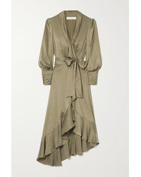 Zimmermann Asymmetric Ruffled Silk-satin Wrap Dress - Green
