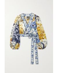 Zimmermann Aliane Cropped Floral-print Cotton-gauze Wrap Blouse - Blue