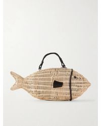 STAUD - Cleo Fish Mini Leather-Trimmed Raffia Tote - Lyst