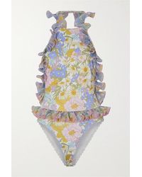 Zimmermann Super Eight Badeanzug Mit Blumenprint, Volants Und Wellensaum - Blau