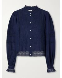 SKALL - Velina Gathered Floral-Embroidered Lace-Trimmed Linen-Twill Blouse - Lyst