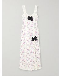 Alessandra Rich - Bow-Detailed Taffeta-Trimmed Ruffled Floral-Print Silk Crepe De Chine Midi Dress - Lyst