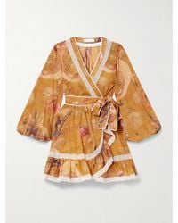 Zimmermann - Ascension Lace-Trimmed Tiered Printed Cotton-Voile Mini Wrap Dress - Lyst