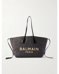 Balmain - Track Leather-Trimmed Raffia Tote - Lyst