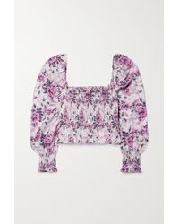 LoveShackFancy Russell Cropped Shirred Floral-print Cotton And Silk-blend Satin Shirt - Purple