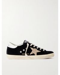 Golden Goose - Super-Star Eyelet-Embellished Distressed Glittered Leather And Velvet Sneakers - Lyst