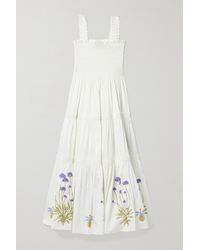 Tory Burch Shirred Embroidered Printed Cotton-blend Poplin Midi Dress - White