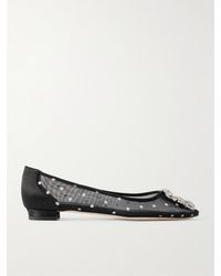 Manolo Blahnik - Hangisiflat Satin-Trimmed Crystal-Embellished Flocked Mesh Point-Toe Ballet Flats - Lyst