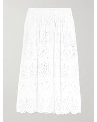 Etro - Pleated Scalloped Broderie Anglaise Cotton-Blend Poplin Midi Skirt - Lyst
